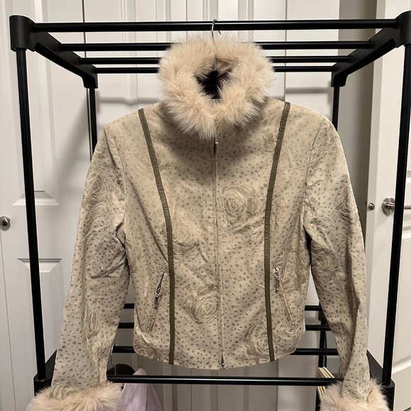 Light Beige Genuine Suede & Fur Collar & Cuff Jacket with Rose and Leopard Print - Picture 1 of 4